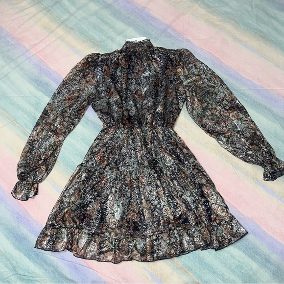 O.P.T Floral Metallic Smock Neck Fit&Flare Long Sleeve Mini Dress Navy Boho XS - Picture 5 of 9